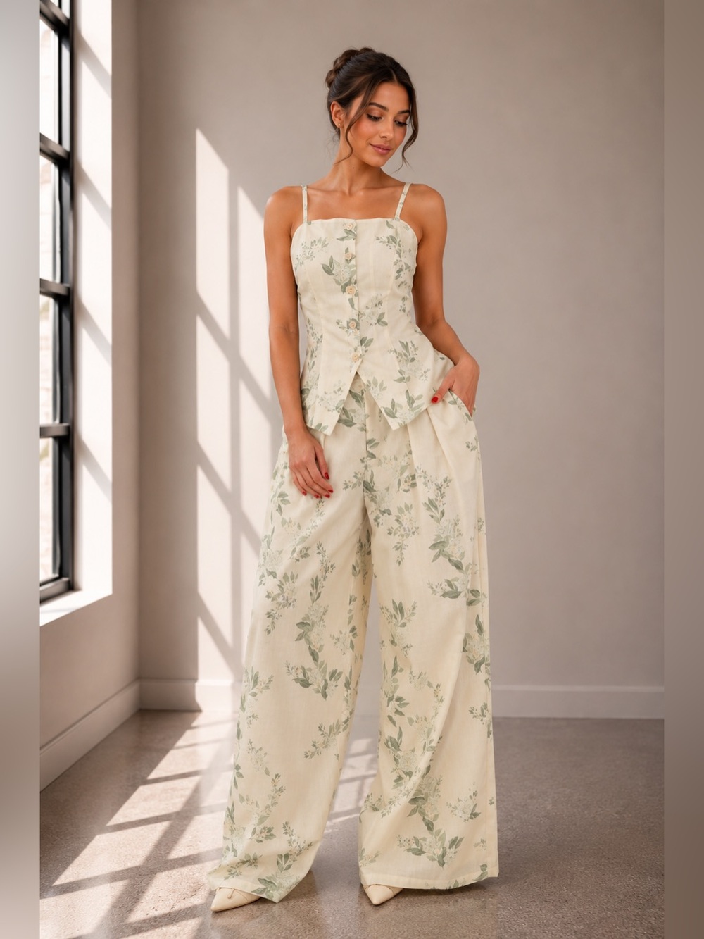 Botanical Cream Wide-Leg Pant and Top Set with Green Print